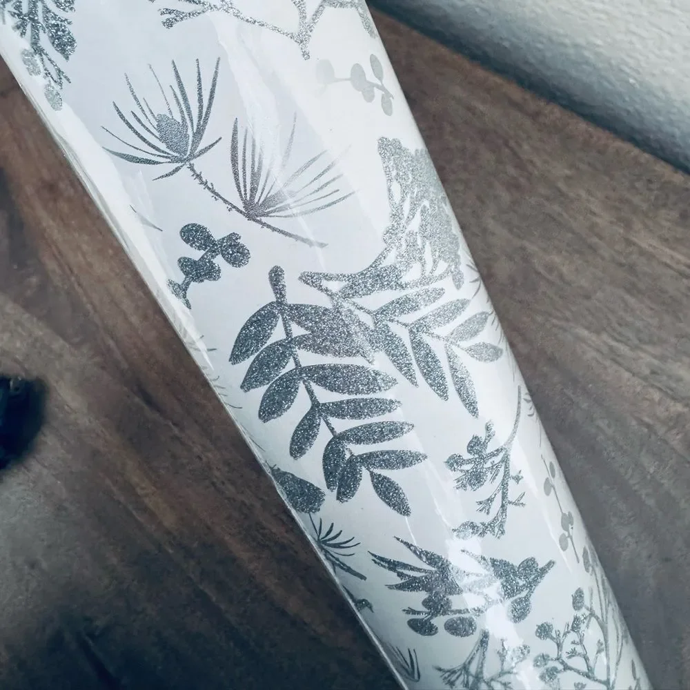 Christmas Holiday Silver Glitter Botanical Gift Wrap Wrapping Paper Roll